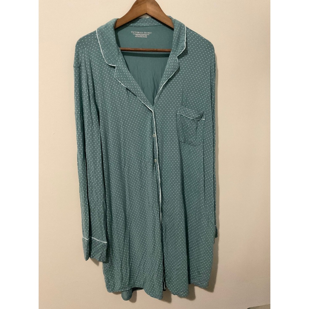 Victoria's Secret Womens Pajama Shirt Dress Size XXL Sage Green Polka Dot Sleep